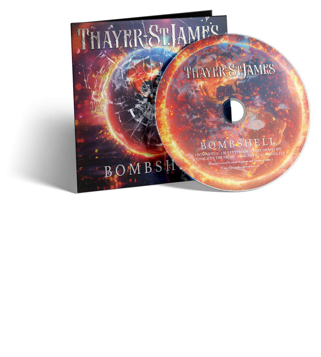 CD and cover art for Thayer St. James' album 'Bombshell' featuring a fiery, cracked globe design.