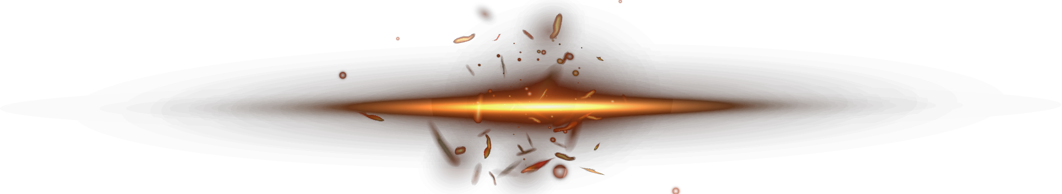 Bright horizontal orange light beam with small glowing particles and sparks on a black background.
